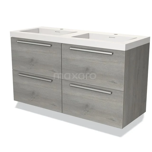 Grijs houten badkamermeubel met dubbele wastafel, vier lades en metalen handgrepen, perfect voor moderne badkamers.