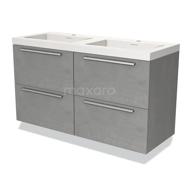 Graues Doppelwaschbeckenmöbel mit vier Schubladen, modernes Design, ideal für Badezimmerlagerung.