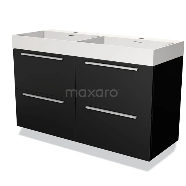 Black vanity units with basin, modern design, four drawers and sleek metal handles.