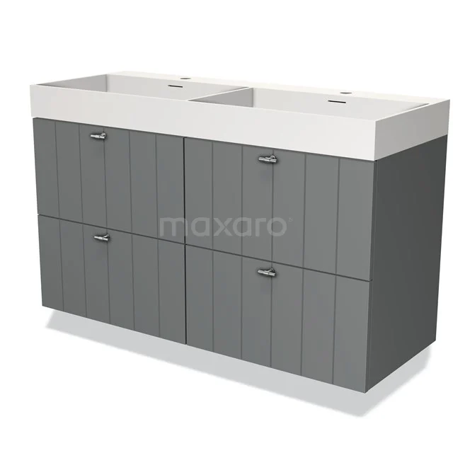 Grijze dubbele wastafelmeubel met panelen van houtlook, vier deuren en modern wit keramieken blad, ideaal voor de badkamer.