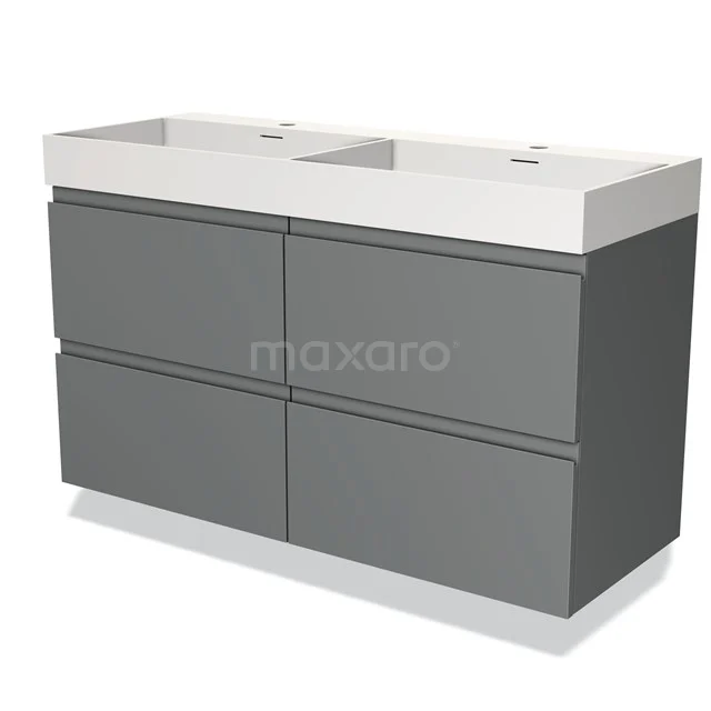 Dubbele grijze badkamermeubelset met vier lades en witte wastafel van keramiek, modern design.