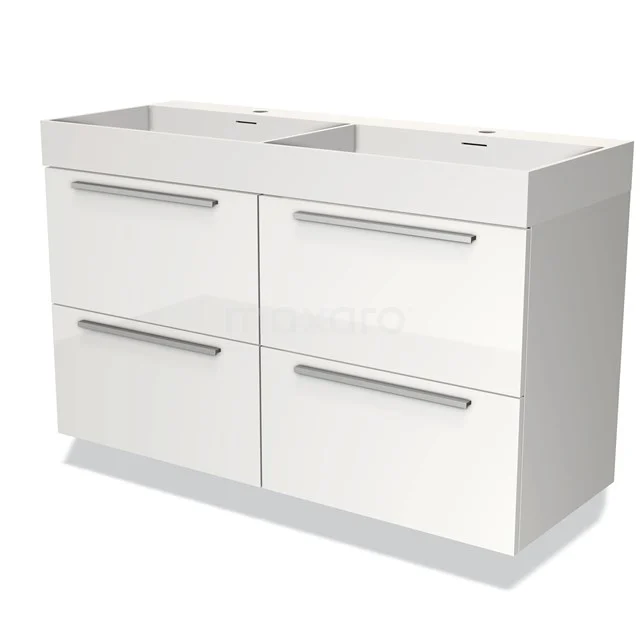 Witte dubbele wastafelmeubel met vier lades, glanzende afwerking, modern design voor stijlvolle badkameropslag.