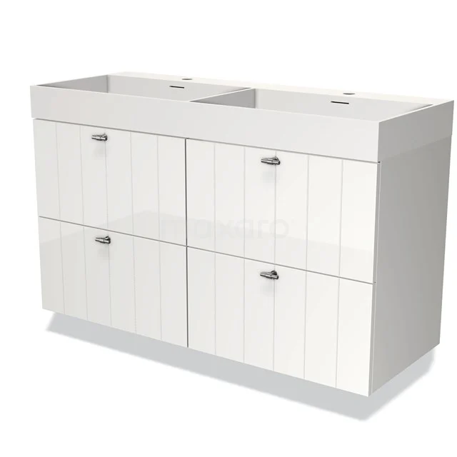 Weißes Doppelwaschbeckenmöbel mit vier Schubladen, Holzverarbeitung und modernem Design, ideal für eine stilvolle Badezimmergestaltung.