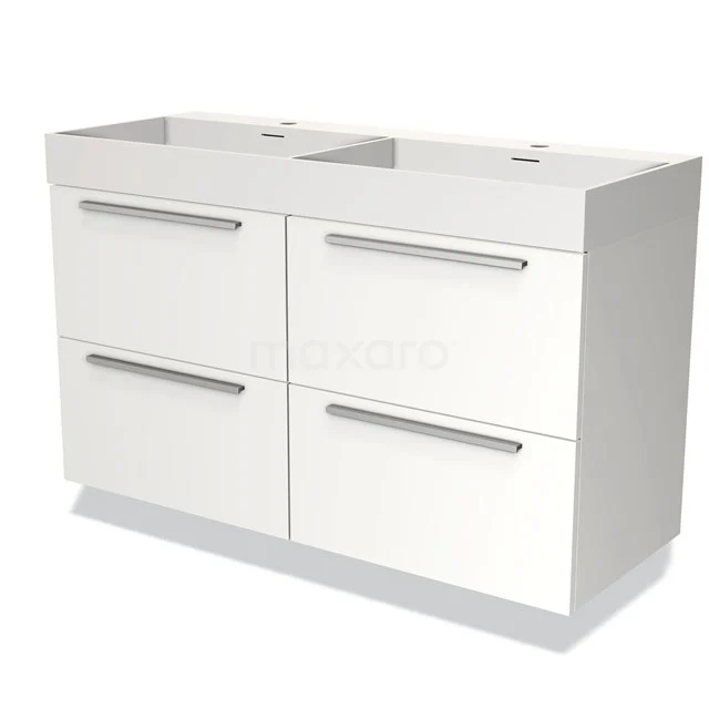 Weißes Badezimmermöbel mit doppeltem Waschbecken, vier Schubladen und chromfarbenen Griffen, modernes Design aus hochwertigem MDF-Material.