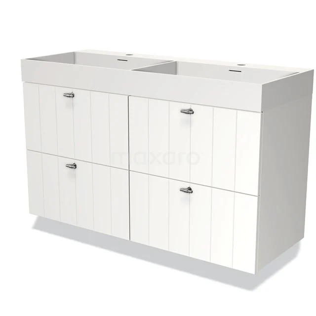 Witte houten badkamermeubel met dubbele wastafel, vier lades en een modern design, perfect voor stijlvolle opbergruimte.