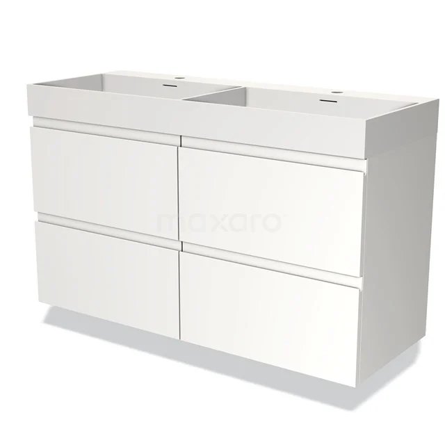 Wit dubbel wastafelmeubel met zes lades, strak design en glanzende afwerking, perfect voor moderne badkameropslag.