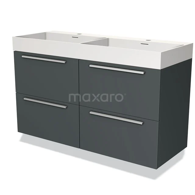 Dubbele wastafelmeubel, antracietkleur met 4 lades, moderne afwerking ideaal voor badkameropslag en organisatie.