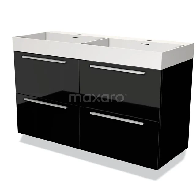 Zwart hoogglans badmeubel met dubbele wastafel, vier lades en chromen handgrepen, ideaal voor moderne badkamers.