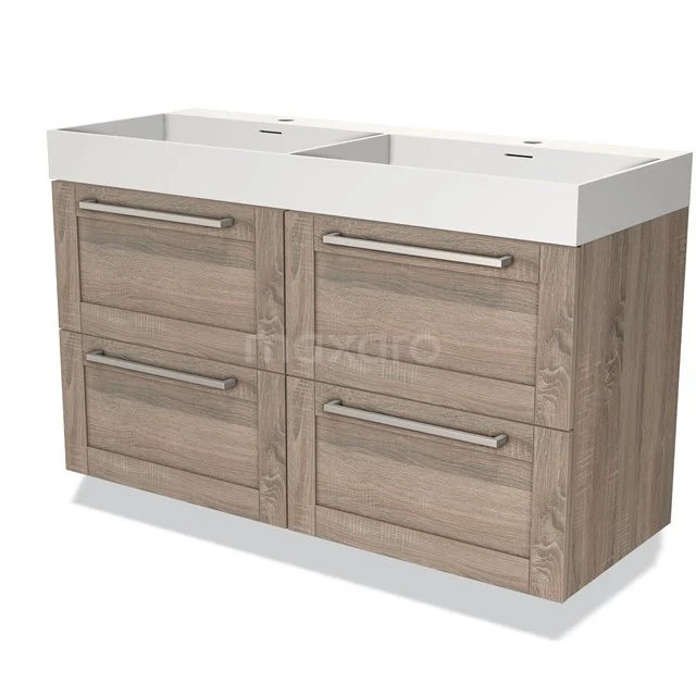 Modulo Bathroom furniture with sink | 120 cm Oak Bordered front Solid surface 4 drawers BMW18-00795 Wooden bathroom unit with double basin, four drawers and modern handles, ideal for stylish and practical bathrooms.