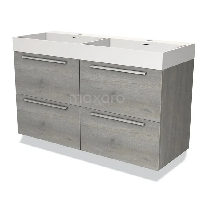 Houten badkamermeubel met dubbele wastafel, modern grijs eiken design, vier lades met zilveren handgrepen.