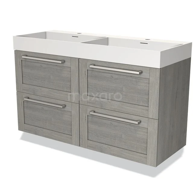 Dubbele wastafelmeubel, houtlook grijs, met softclose lades; ideaal voor een moderne badkamer inrichting.