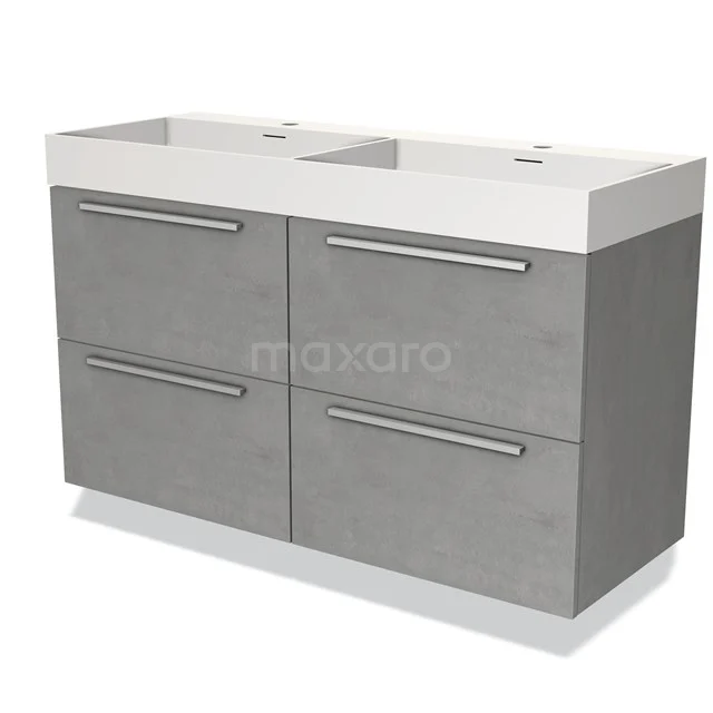 Dubbele wastafel met grijze betoneffect onderkast, moderne badkamermeubel met vier lades en strakke metalen handgrepen.