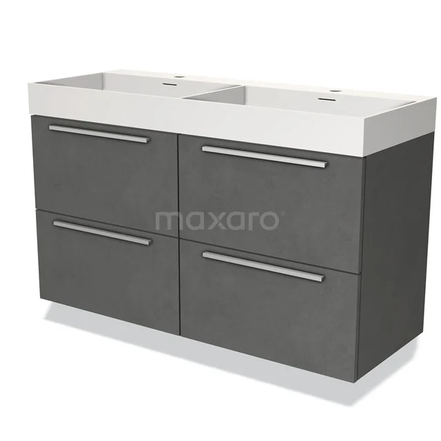 Moderne grijze badkamermeubelset met dubbele wastafel, strakke metalen handgrepen en duurzame afwerking.