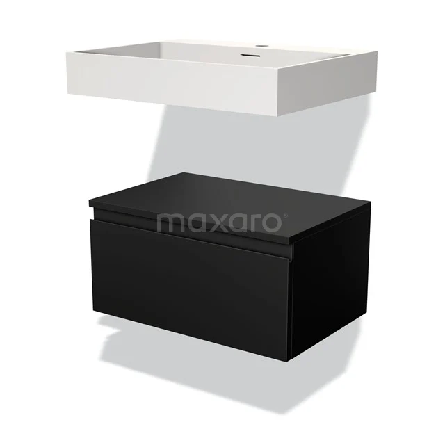 Floating black bathroom cabinet with white rectangular ceramic basin, modern design and handleless drawers.