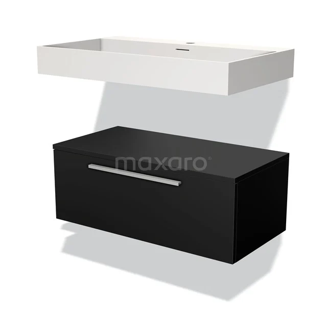 Modulo Bathroom furniture with sink | 80 cm Matte black Flat front Solid surface Low floating BMW32-00018 Black base cabinet with metal handle, combined with a white rectangular basin, ideal for modern bathrooms.