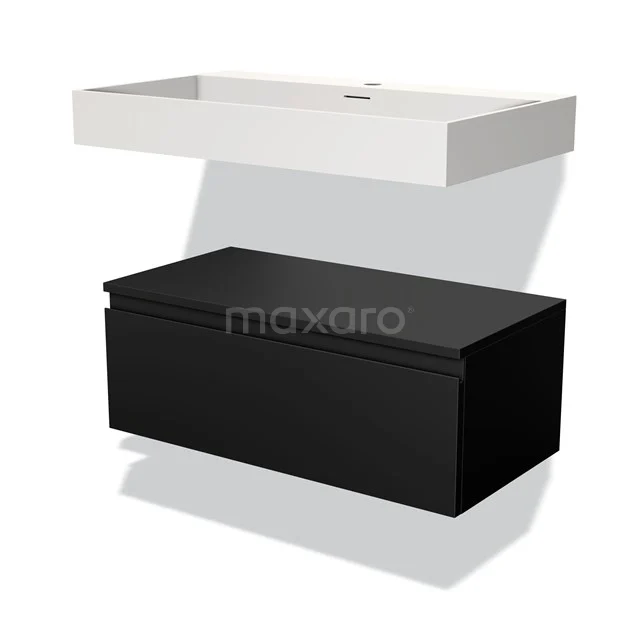 Zwarte houten badkamermeubel met greeploze lade en wit keramisch wastafelblad, modern design.