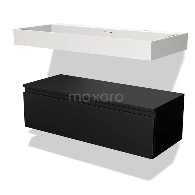 Black hanging bathroom cabinet with a matte white basin, modern design made of recycled materials.