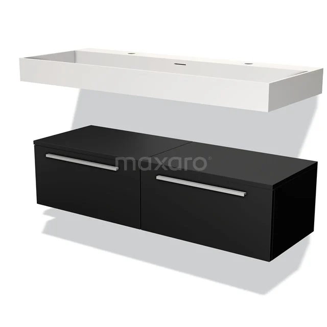 Modulo Waschtische | 120 cm Matt Schwarz Flach front Solid Surface Tief hängend BMW32-00022 Schwarz Badmöbel mit zwei Schubladen und weißem Waschbecken, modernes Design, ideal für stilvolle Badezimmer.