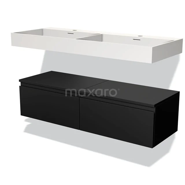 Zwarte hangende badkamermeubel met dubbel witte wastafel, modern design, ideaal voor stijlvolle badkamerinrichting.