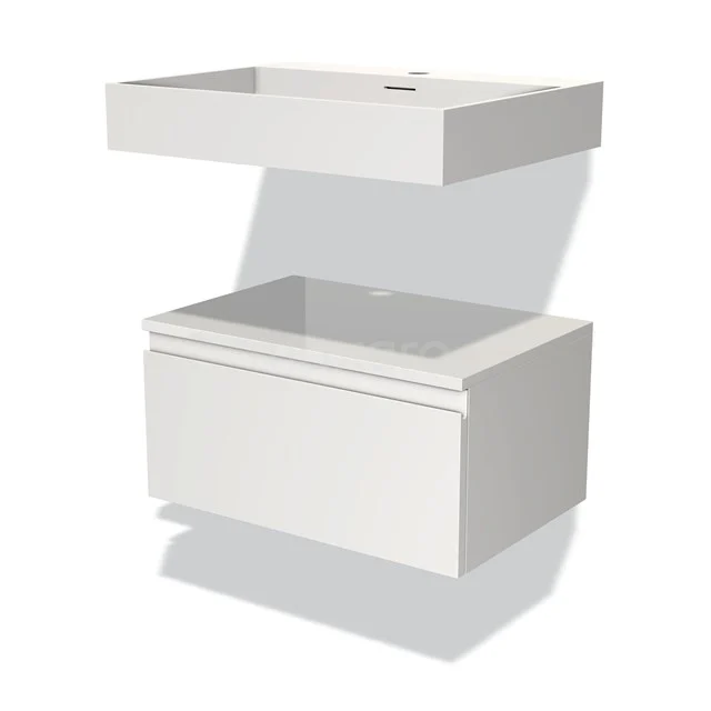Witte badkamermeubelset met strak design, geïntegreerde wastafel en soft-close lade, ideaal voor moderne badkamers.