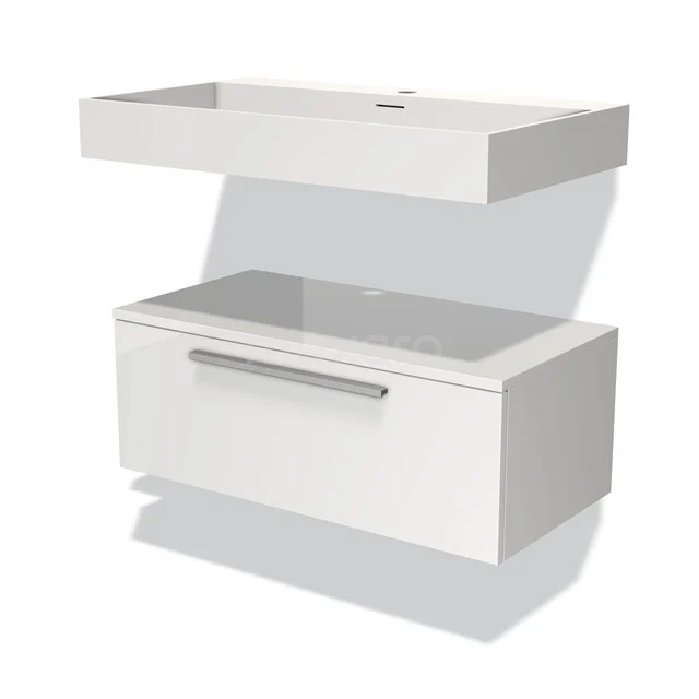 Modulo Vanity units with basin | 80 cm High-gloss white Flat front Solid surface Low floating BMW32-00028 White floating vanity units with basin, modern design, including rectangular basin and metal handle.