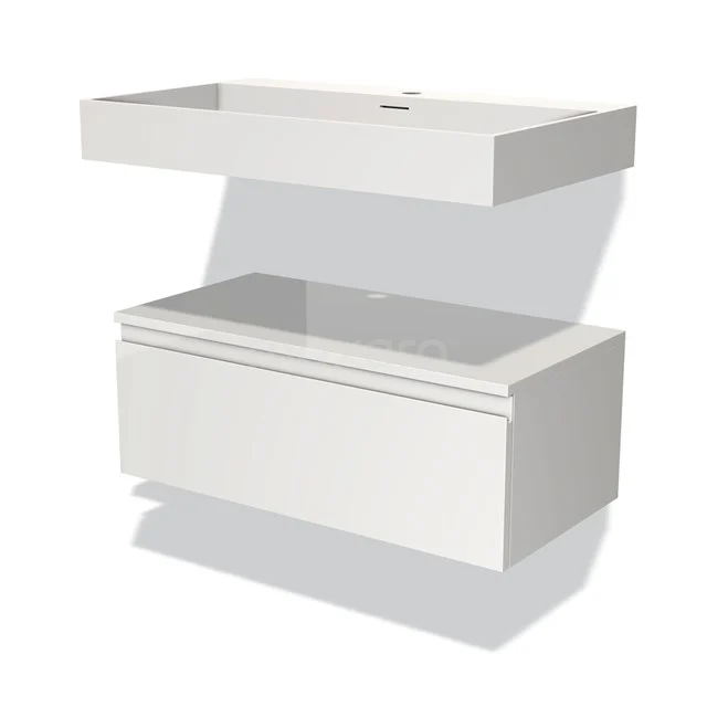 Witte, rechthoekige wastafel met geïntegreerde ladekast, modern design, ideaal voor een stijlvolle badkamer inrichting.