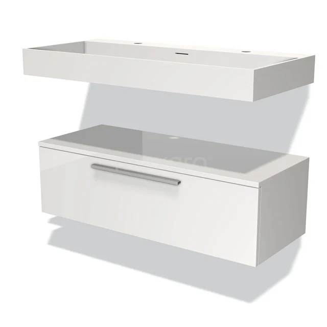 Modulo Vanity units with basin | 100 cm High-gloss white Flat front Solid surface Low floating BMW32-00030 White hanging bathroom unit with sleek design and glass vanity units with basin, ideal for a modern bathroom design.