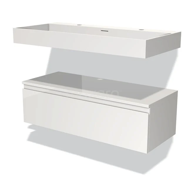 White floating bathroom cabinet with sleek design, drawers and glass shelf, ideal for modern bathrooms and smart storage space.