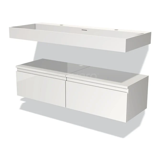 Wit zwevend badkamermeubel met dubbele lade, strak design en geïntegreerde wastafel, ideaal voor moderne badkamers.