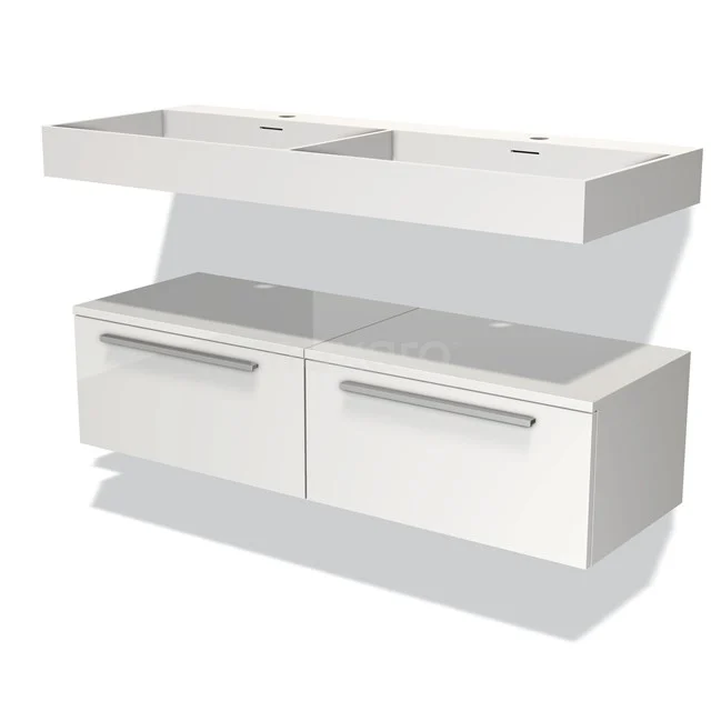 Weißes schwebendes Badezimmermöbel mit Doppelwaschbecken, modernem minimalistischen Stil, ausgestattet mit zwei Schubladen mit metallischen Haltegriffen.