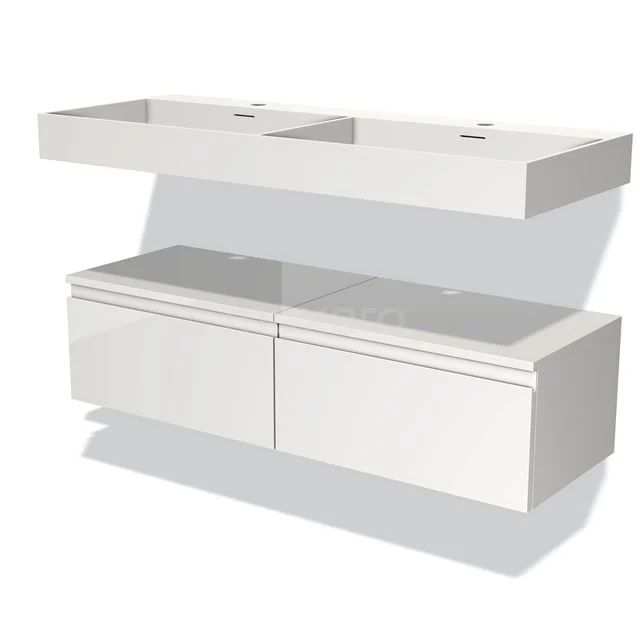 White floating bathroom unit with double basin, modern design, high-gloss finish and minimalist storage drawers.
