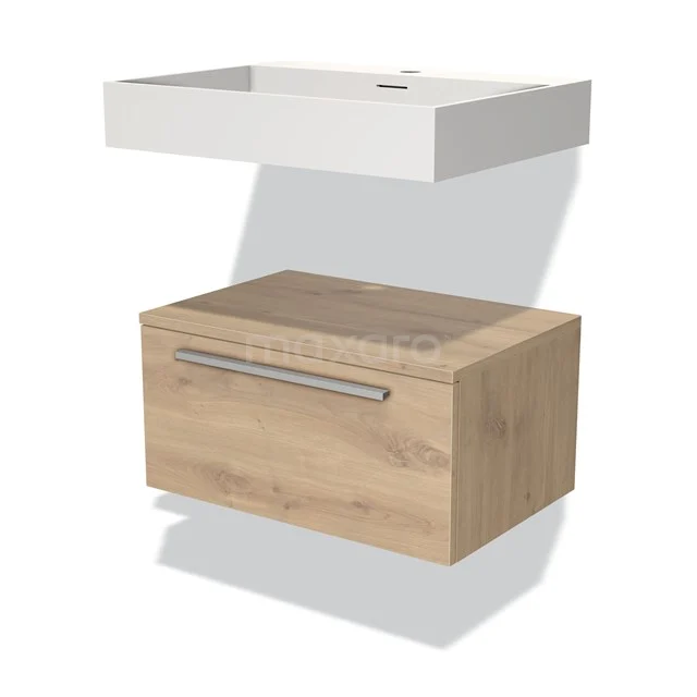 Modulo Bathroom furniture with sink | 60 cm Light brown oak Flat front Solid surface Low floating BMW32-00036 Wooden bathroom furniture set with basin, oak look, sleek drawers and chrome handle, ideal for modern bathroom spaces.