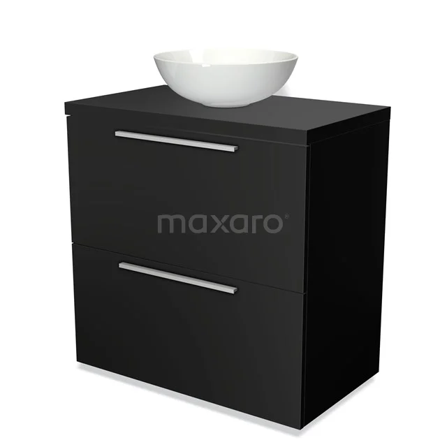 Black bathroom unit with two drawers, sleek design and white ceramic bowl, ideal for modern bathrooms.
