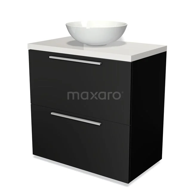Black bathroom unit with white countertop wash basin, two drawers and sleek design, perfect for modern bathrooms.