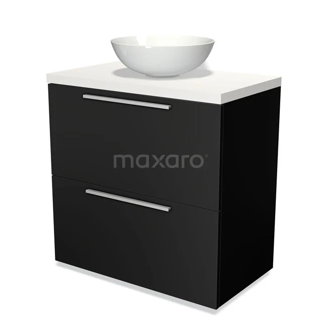 Black bathroom unit with white top, integrated top washbasin and silver handles, modern design.