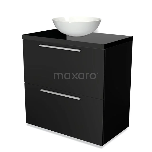 Black bathroom furniture set with two drawers, sleek design and a white ceramic countertop wash basin, perfect for modern bathrooms.