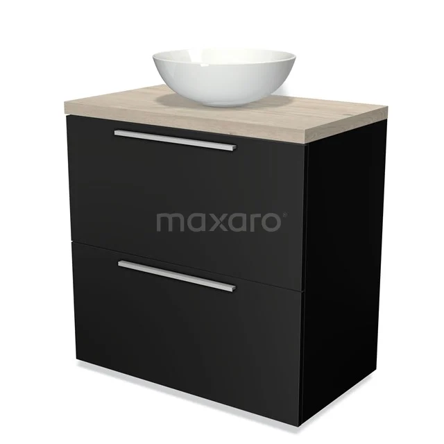 Black bathroom unit with wood-look worktop, white round basin and two drawers, ideal for modern bathroom design.