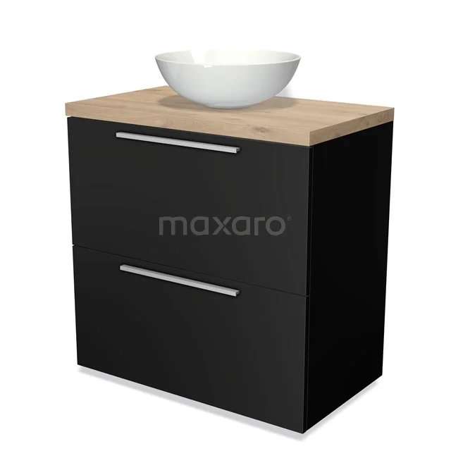 Schwarz Badmöbel mit Holzlook Platte, keramischem Aufsatzwaschbecken und zwei Schubladen für stilvolle und funktionale Badezimmerlagerung.