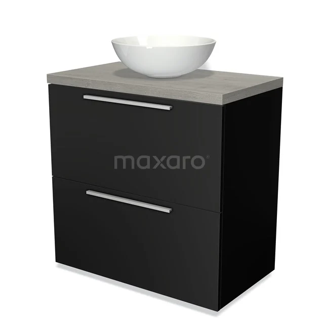 Badmöbel für Waschtischunterschrank mit Konsole 80cm Modulo Plato Matt Schwarz 2 hohe Schubladen Flach Graue Eiche Platte BMK13-00012 Schwarze Badmöbelset mit einem runden weißen Waschbecken, grauer Betonplatte und zwei metallischen Schubladen für stilvollen Stauraum.