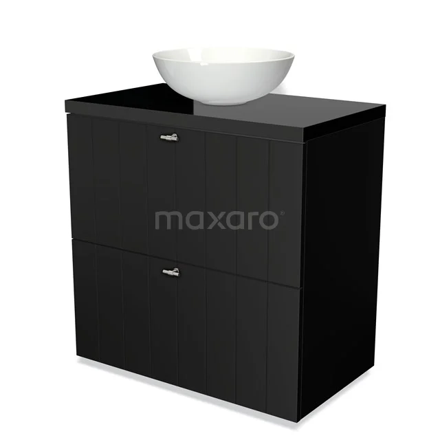 Modulo Plato Vanity units for countertop basin | 80 cm Matte black Slat front High-gloss black worktop 2 stacked drawers under each other BMK13-00020 Black bathroom unit with two drawers and a round white basin, modern design, ideal for compact bathrooms.