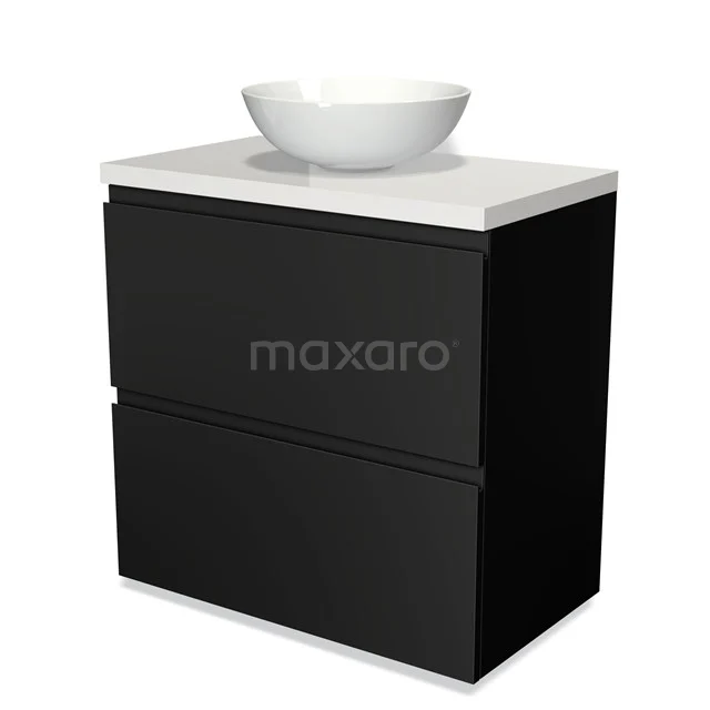 Modulo Plato Vanity units for countertop basin | 80 cm Matte black Handle-less front High-gloss white worktop 2 stacked drawers under each other BMK13-00031