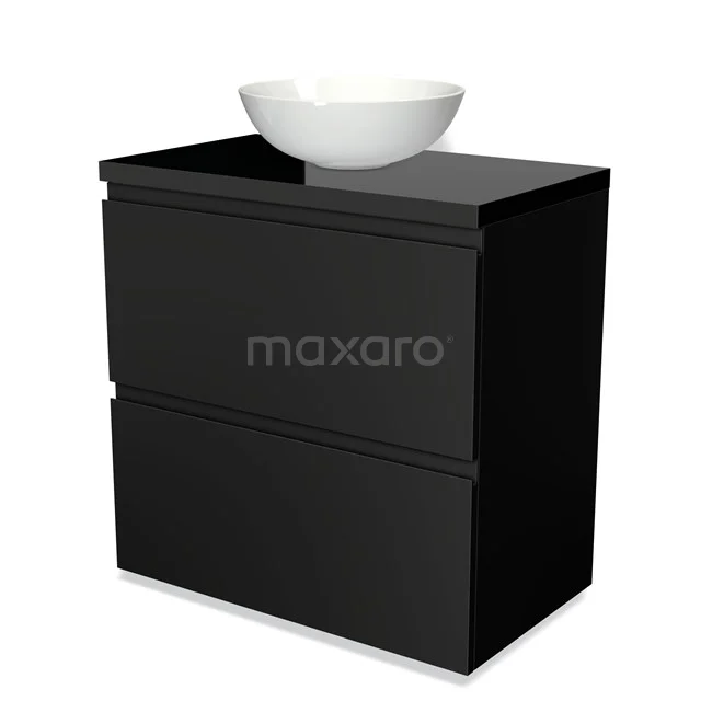 Modulo Plato Vanity units for countertop basin | 80 cm Matte black Handle-less front High-gloss black worktop 2 stacked drawers under each other BMK13-00034