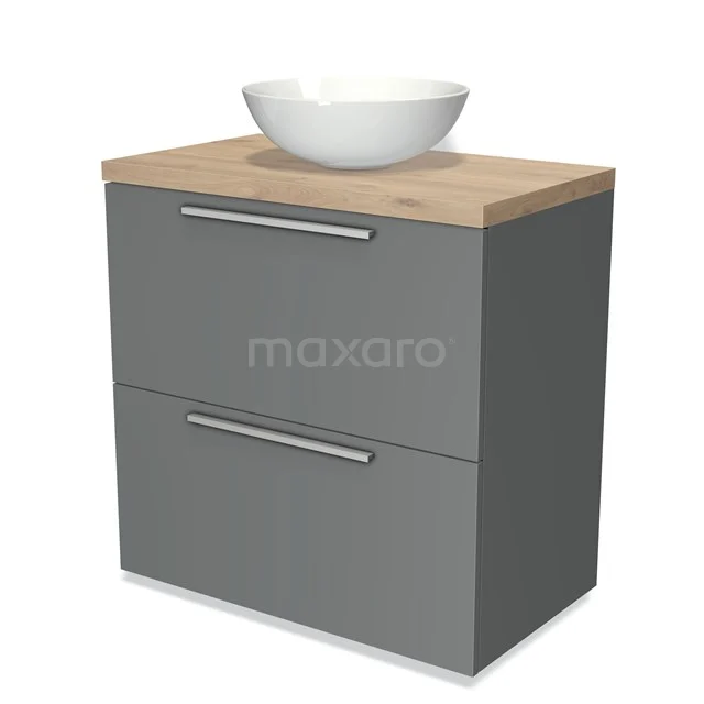 Graue Badmöbelset mit Holzplatte, weißem Aufsatzwaschbecken und zwei Schubladen, modernes Design ideal für ein stilvolles Badezimmer.