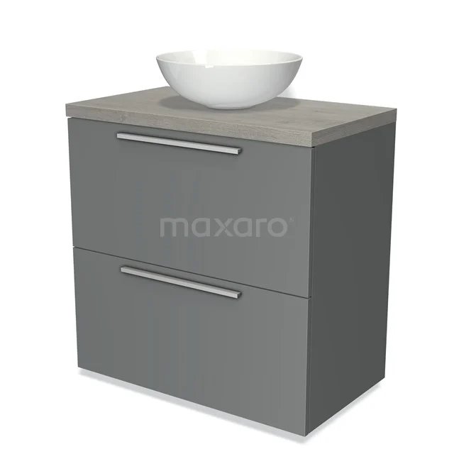 Grey bathroom furniture set with ceramic bowl, modern design style, features two drawers with metal handles.