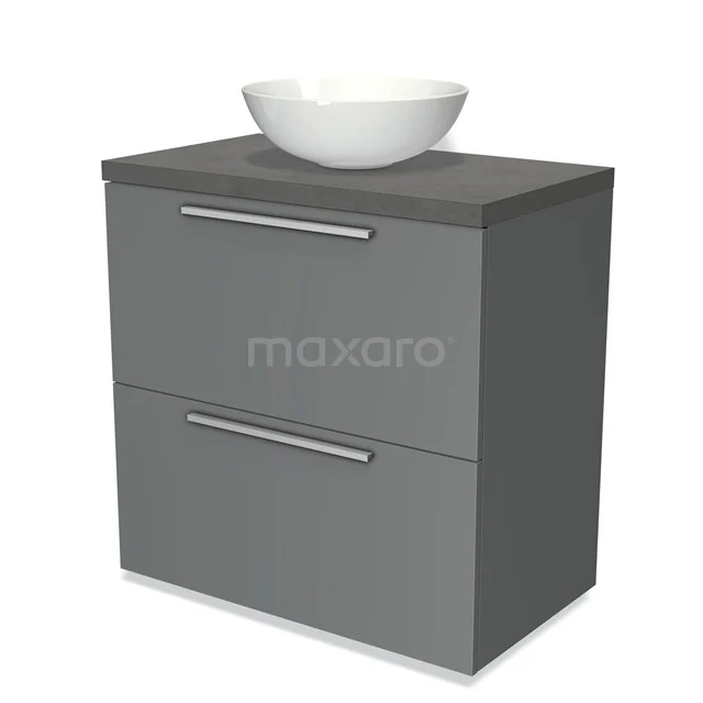 Grey bathroom cabinet with ceramic basin, modern rectangular shape, two drawers and metal handles.