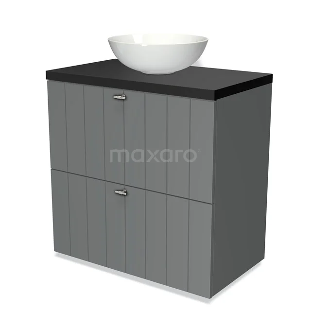 Grey bathroom cabinet with basin, black top, textured panels and two drawers for modern bathroom storage.
