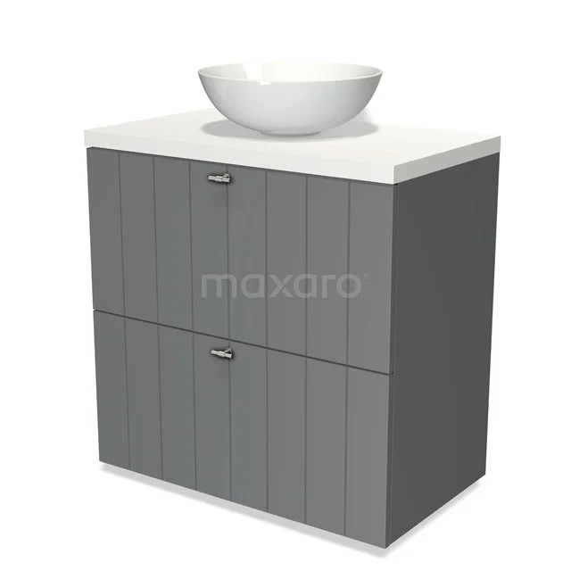 Grey bathroom cabinet with two drawers, white ceramic countertop wash basin and modern finish, ideal for stylish storage solutions.