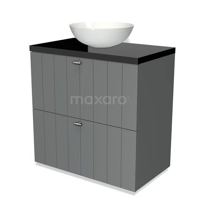 Grey bathroom cabinet with black worktop, built-in basin and modern details; ideal for stylish bathroom storage.