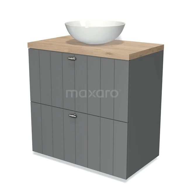 Badmöbel für Aufsatzwaschbecken 80cm Modulo Plato Mittelgrau 2 hohe Schubladen Lamelle Hellbraune Eiche Platte BMK13-00065 Grau Badmöbel mit Holzlook Platte und weißer komförmiger Waschbecken, modernes Design für stilvolle Badezimmergestaltung.