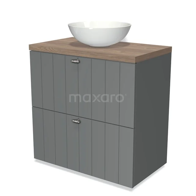 Grauer Badschrank mit Holzlook Platte und weißem Aufsatzwaschbecken, modernes Design mit vertikalen Rillen in den Türchen.